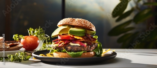 Copy space image of a trendy raw vegan avocado burger packed with fresh vegetables and bacon and served alongside a ketogenic diet breakfast and a keto friendly lunch perfect for those following a pa