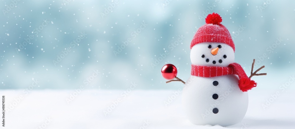 A snowman is part of the Merry Christmas decoration present on the white background leaving some space for additional content in the image