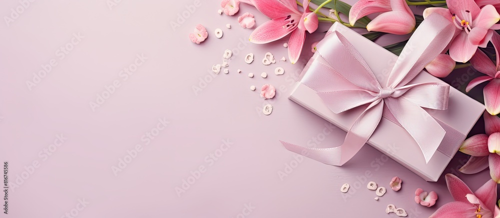 A top view of a gift box adorned with a pink ribbon and flowers perfectly illustrating a birthday wedding or holiday background With pastel colors and flat lay styling it provides ample copy space for A top view of a gift box adorned with a pink ribbon and flowers perfectly illustrating a birthday wedding or holiday background With pastel colors and flat lay styling it provides ample copy space for