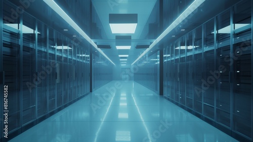 Symmetrical data center filled with high-end gpu servers, cinematic lighting and tech blue tone