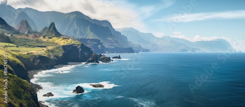 The stunning north coast of Madeira Island captured from Ponta de Sao Lourenco offers a breathtaking view of the ocean and awe inspiring volcanic cliffs creating a captivating copy space image photo