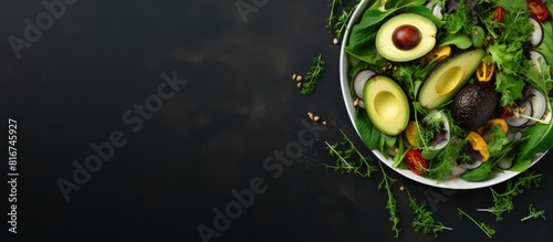 A visually appealing top view of a vegetarian or diet food menu concept background featuring a deliciously healthy salad with grilled avocado and fresh green leaves Ample copy space is available for t