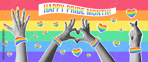 LGBTQ+ Pride month card. Y2K style. Trendy retro collage halftone hands. Vector illustration for poster, banner, postcards