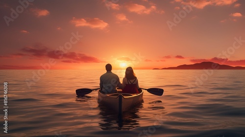 A couple is sitting in a canoe on a lake at sunset