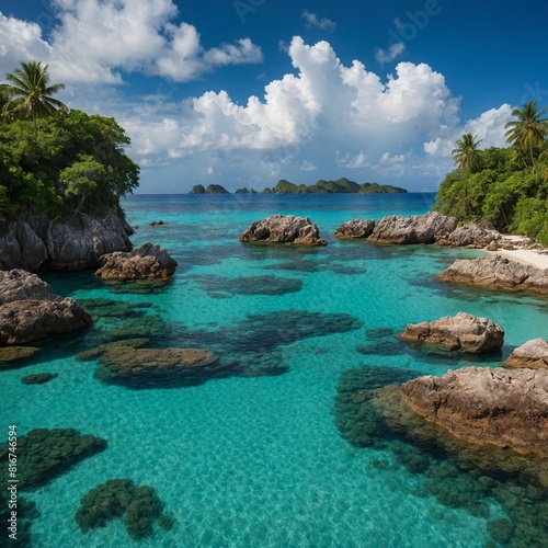 A tropical island with a hidden cove and crystal-clear waters.