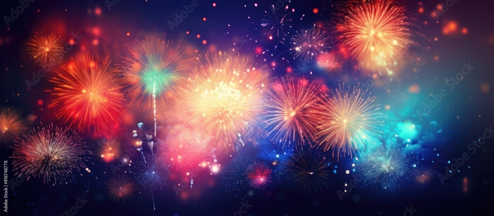 The abstract holiday background showcases New Year fireworks with a designated area for additional text or images The abstract holiday background showcases New Year fireworks with a designated area for additional text or images