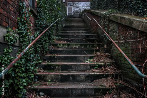 Weathered staircase with overgrown vines in a moody, urban environment