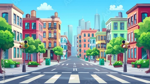 Typical city street with buildings and traffic lights at the crosswalks for pedestrian safety. Modern cartoon illustration of houses  empty road  no one on the sidewalk  trees and bushes in the