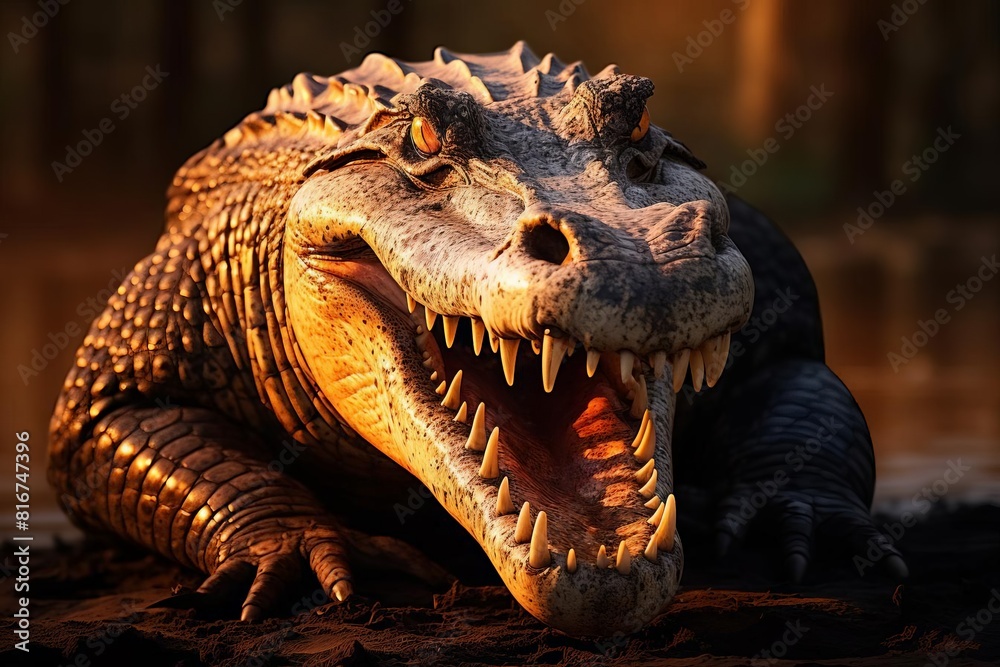 Obraz premium A crocodile is shown with its mouth open, looking at the camera