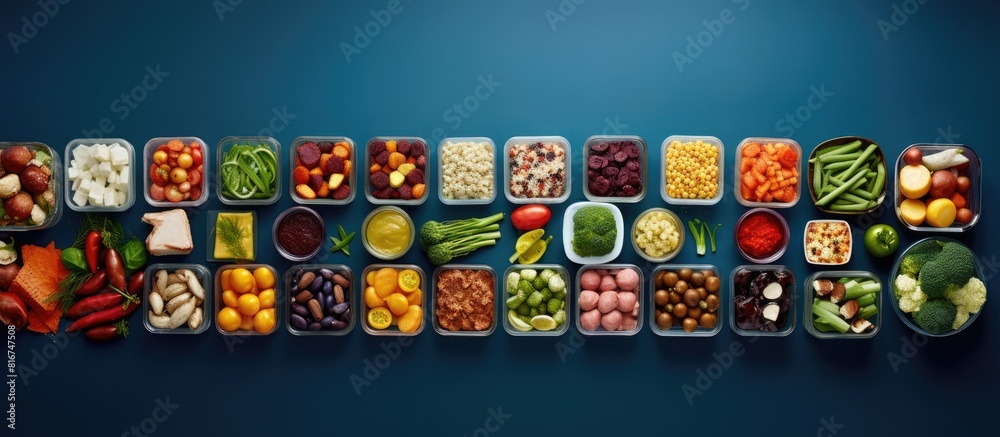 A visually appealing copy space image of an assortment of fresh vegetables meat and cookies arranged neatly in food containers viewed from above against a blue backdrop