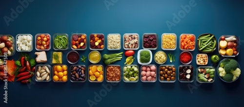 A visually appealing copy space image of an assortment of fresh vegetables meat and cookies arranged neatly in food containers viewed from above against a blue backdrop