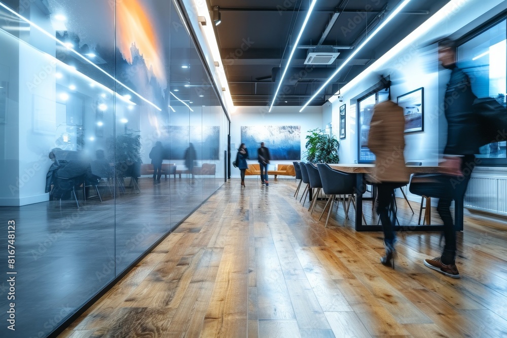 Meeting room at modern office with business people moving motion blur Meeting room at modern office with business people moving motion blur