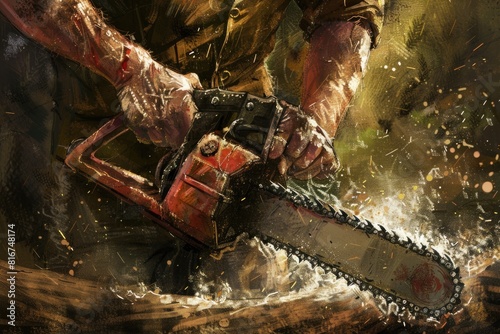 A man holding a chainsaw. Suitable for horror or Halloween themes photo