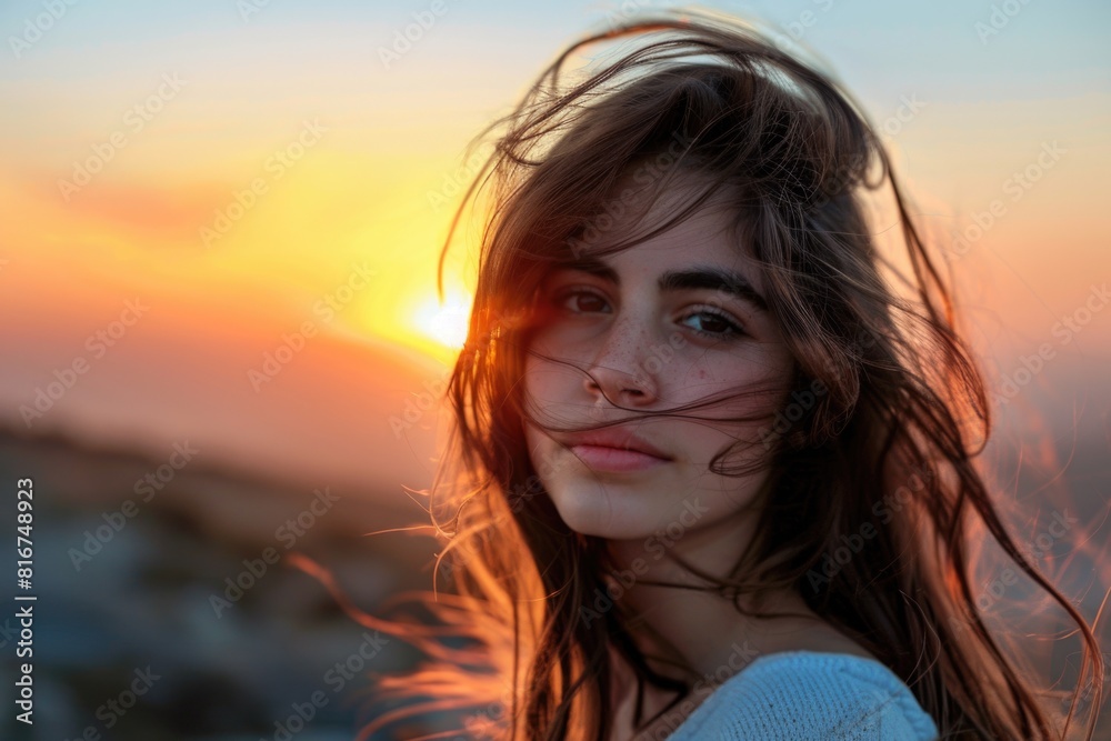 Woman with long hair standing in front of a beautiful sunset. Suitable for lifestyle and travel concepts Woman with long hair standing in front of a beautiful sunset. Suitable for lifestyle and travel concepts