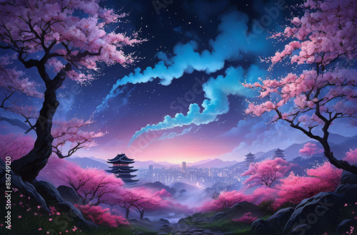 Japanese-style landscape with sakura. ai 