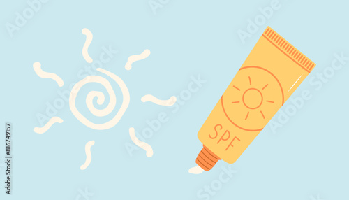 Sunscreen cream sun shape drawing. Flat vector illustration