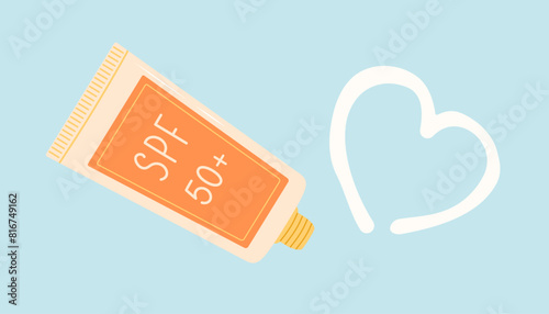 Drawing of heart made with sunscreen cream. Flat vector illustration
