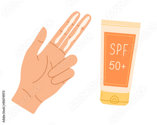 Hand with SPF cream on two fingers. How to apply sunscreen on the face. Flat vector illustration