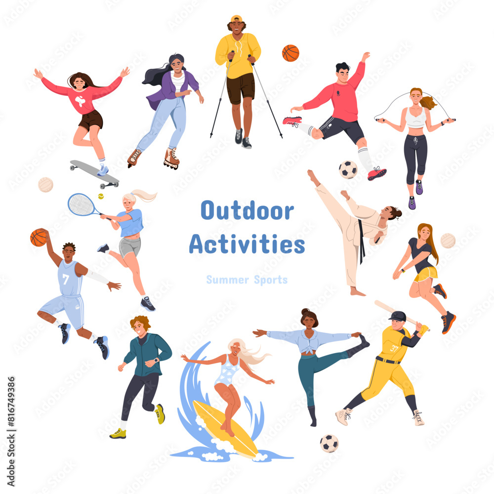 A set of vector illustrations with images of athletes. Men and women play sports. Outdoor activities, summer sports and games, street sports, martial arts. Vector illustration in a flat style