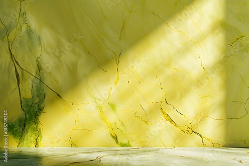3D rendering of yellow marble with green cracked lines. The background is empty and clean, suitable for product display or presentation mockup design