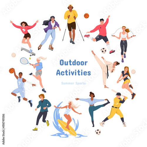 A set of vector illustrations with images of athletes. Men and women play sports. Outdoor activities  summer sports and games  street sports  martial arts. Vector illustration in a flat style