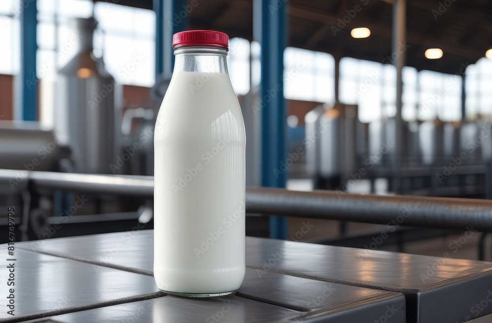 A bottle of milk stands against the background of a dairy factory, milk production industry A bottle of milk stands against the background of a dairy factory, milk production industry