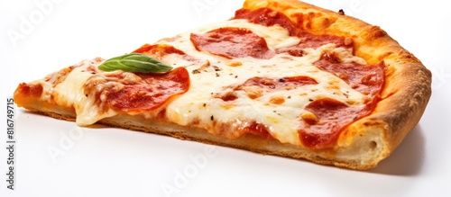 A slice of Margherita pizza with one piece missing isolated on a white background copy space image