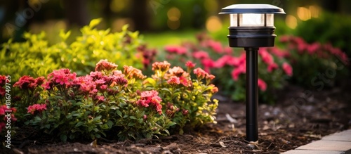 A small decorative solar garden light in a flower bed enhances the garden design while its solar powered lamp utilizes solar energy Copy space image photo