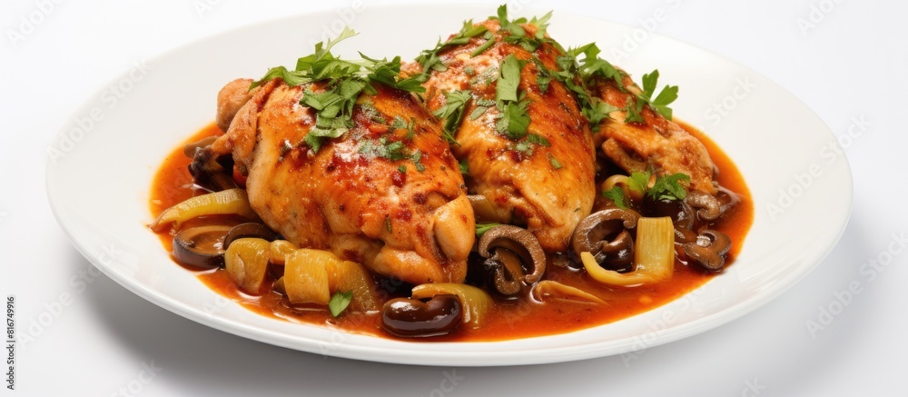 A copy space image showcasing braised chicken with a white background is presented A copy space image showcasing braised chicken with a white background is presented