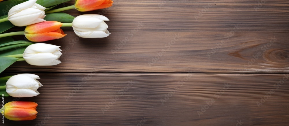 The wooden background showcases a vibrant display of white and orange tulips leaving ample copy space in the image