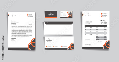 stationery set for business office vector design with letterhead, envelope, invoice, business card geometrical design stationary set