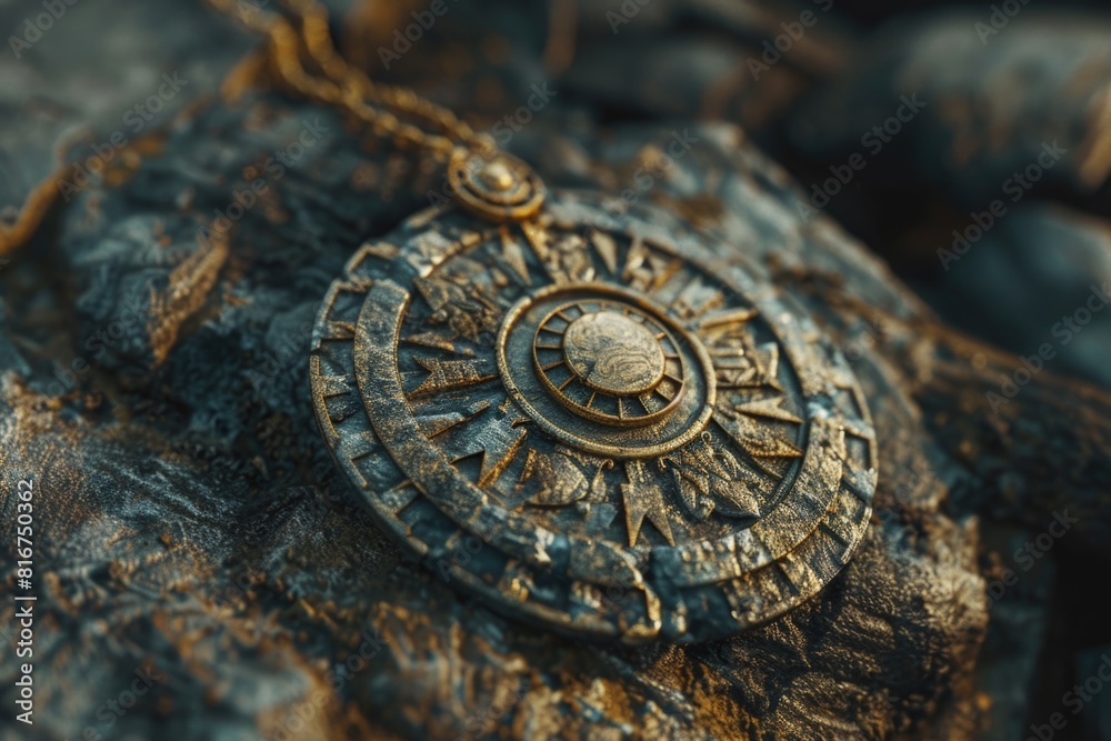 A detailed view of a necklace placed on a rock. Suitable for jewelry or nature-themed projects