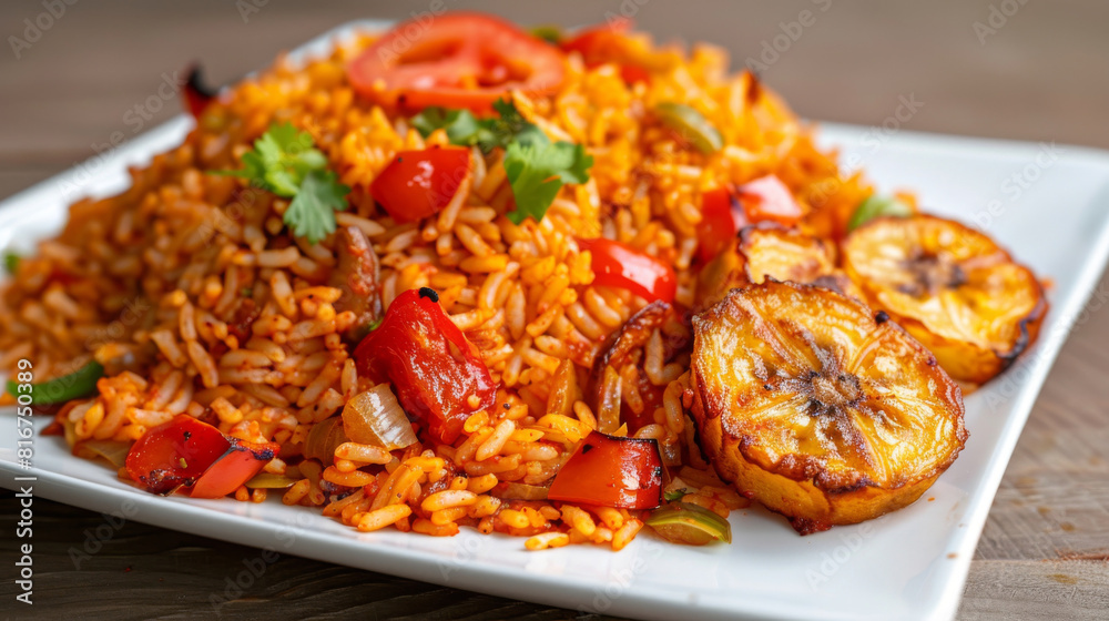 Fototapeta premium Authentic west african dish: jollof rice with fresh tomatoes and parsley, paired with grilled plantains on a white platter