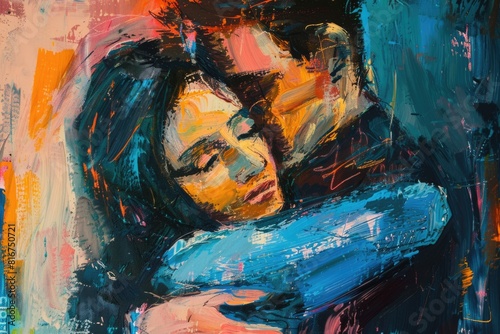 A beautiful painting of a couple hugging each other. Perfect for romantic designs