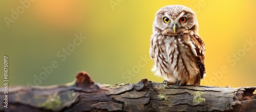 The small owl Athene noctua perched calmly leaving plenty of empty space for the image. Copyspace image photo