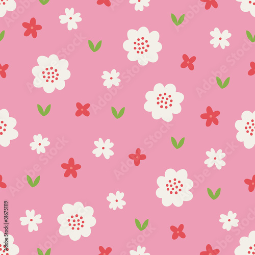 Floral seamless pattern with blooming flowers and leaves. Vector illustration