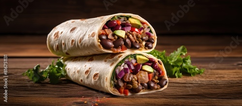A Mexican inspired vegetarian wrap with three types of beans placed against a rustic wooden background providing a copy space image photo