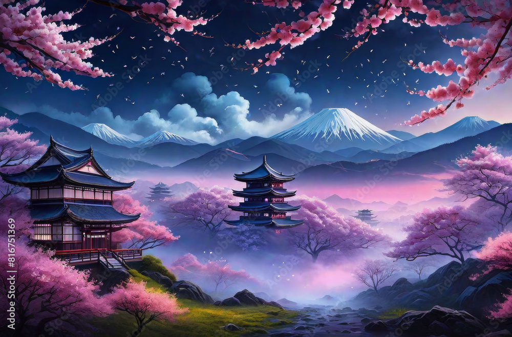 Obraz premium Japanese-style landscape with sakura. ai 