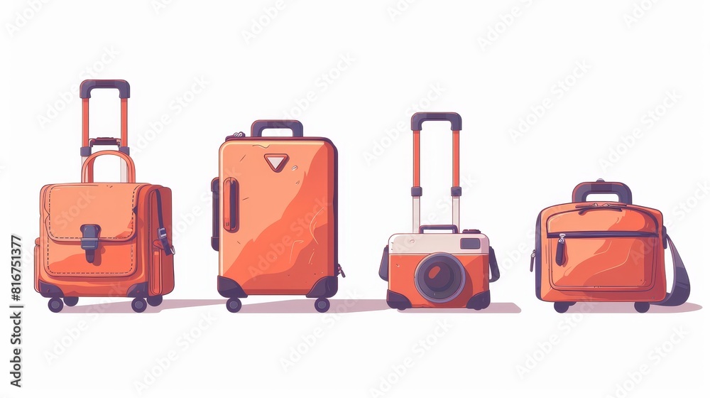 Cartoon suitcase modern illustration. Tourist bag and luggage for vacation trip on wheels with cameras and airplane stickers. Different sized luggage. Cartoon suitcase modern illustration. Tourist bag and luggage for vacation trip on wheels with cameras and airplane stickers. Different sized luggage.