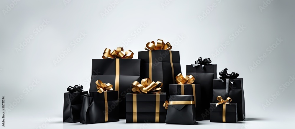 Naklejka premium There is a group of gift boxes inside a black shopping bag set against a white background The image provides ample space for creative ideas