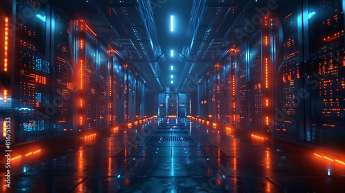 Abstract futuristic sci-fi tunnel. Glowing neon lights in the dark. 3D rendering. © Tackey