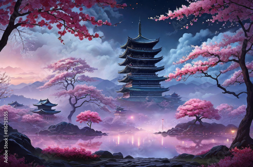 Japanese-style landscape with sakura. ai
