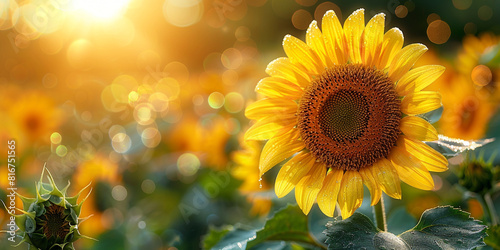 Sunflower on blurred sunny nature background. Horizontal agriculture summer banner with sunflowers field © Julia