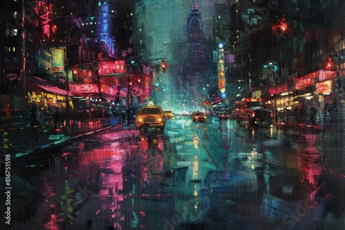 Vibrant cityscape painting with neon signs reflecting on wet streets at night