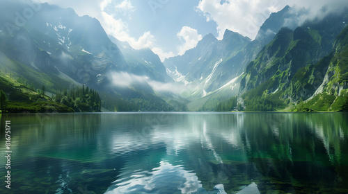 Photo of a Majestic Lake Surrounded by Polish Tatra Mountains and Clouds