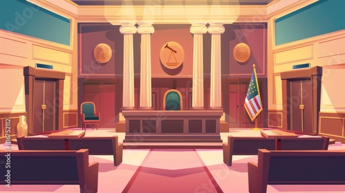 Illustration of a courtroom interior with a cartoon background. A lawyer, witness, prosecutor and defendant listen to the hearing session. A scene of the Supreme Tribunal investigating an alleged
