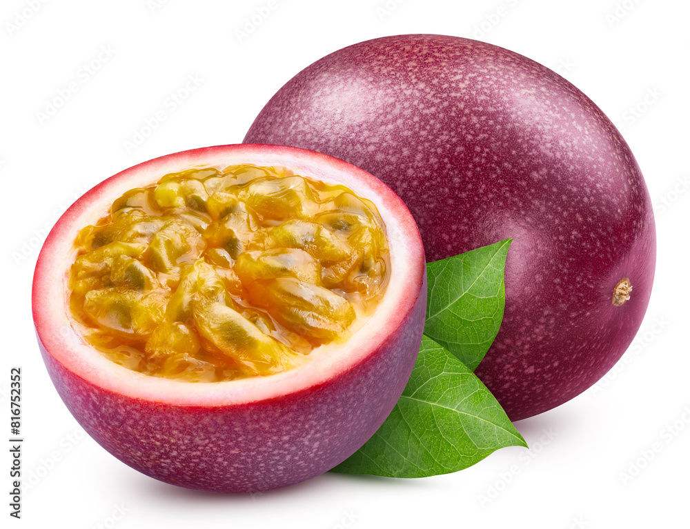 Passion fruit and leaves isolated on a white background. Passion with leaves clipping path Passion fruit and leaves isolated on a white background. Passion with leaves clipping path