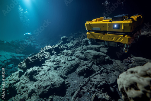 Autonomous underwater vehicle explores rocky seabed, illuminating the dark underwater environment © Татьяна Евдокимова