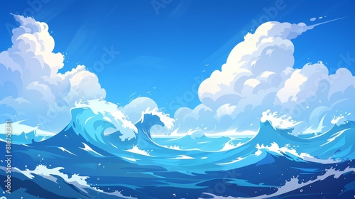 Sea cartoon landscape with waves and blue sky with clouds. Sunny horizon skyline scene. Wild seaside wide wallpaper with water splashes and foam. Attractive nautical design.