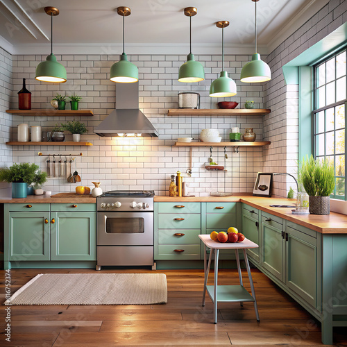 Vintage-inspired kitchen with retro appliances  subway tile walls  and schoolhouse pendant lights.